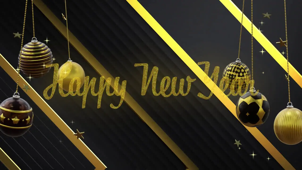 Animation of happy new year text with baubles and stars hanging on abstract background