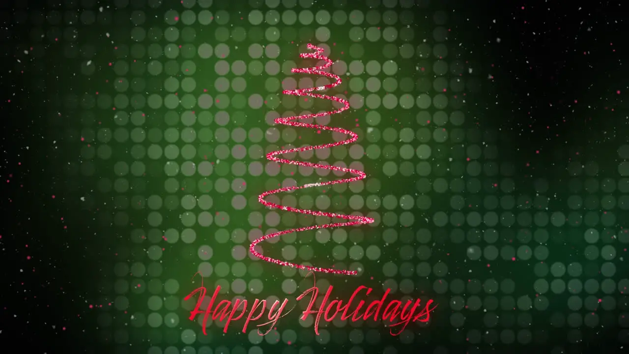 Snow falling over shooting star forming a christmas tree and happy holidays text on green background