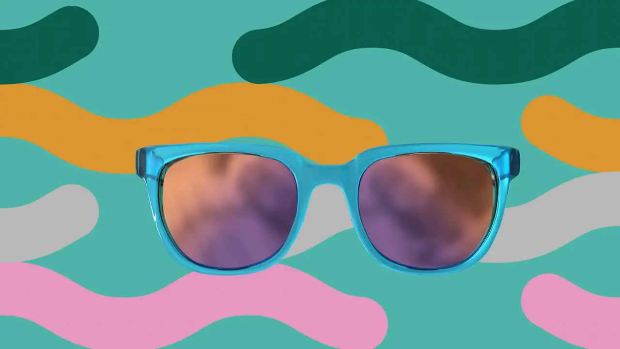 Animation of sunglasses and rows of waving lines over abstract vibrant pattern