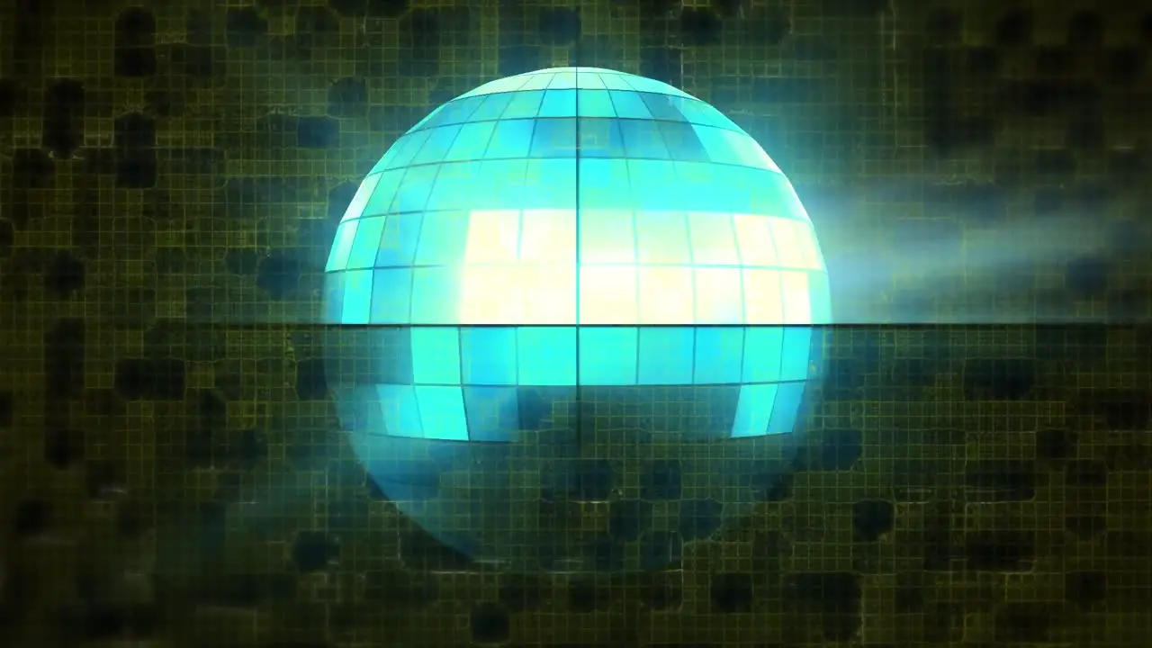 Animation of blue shiny disco ball spinning with light beams against abstract background