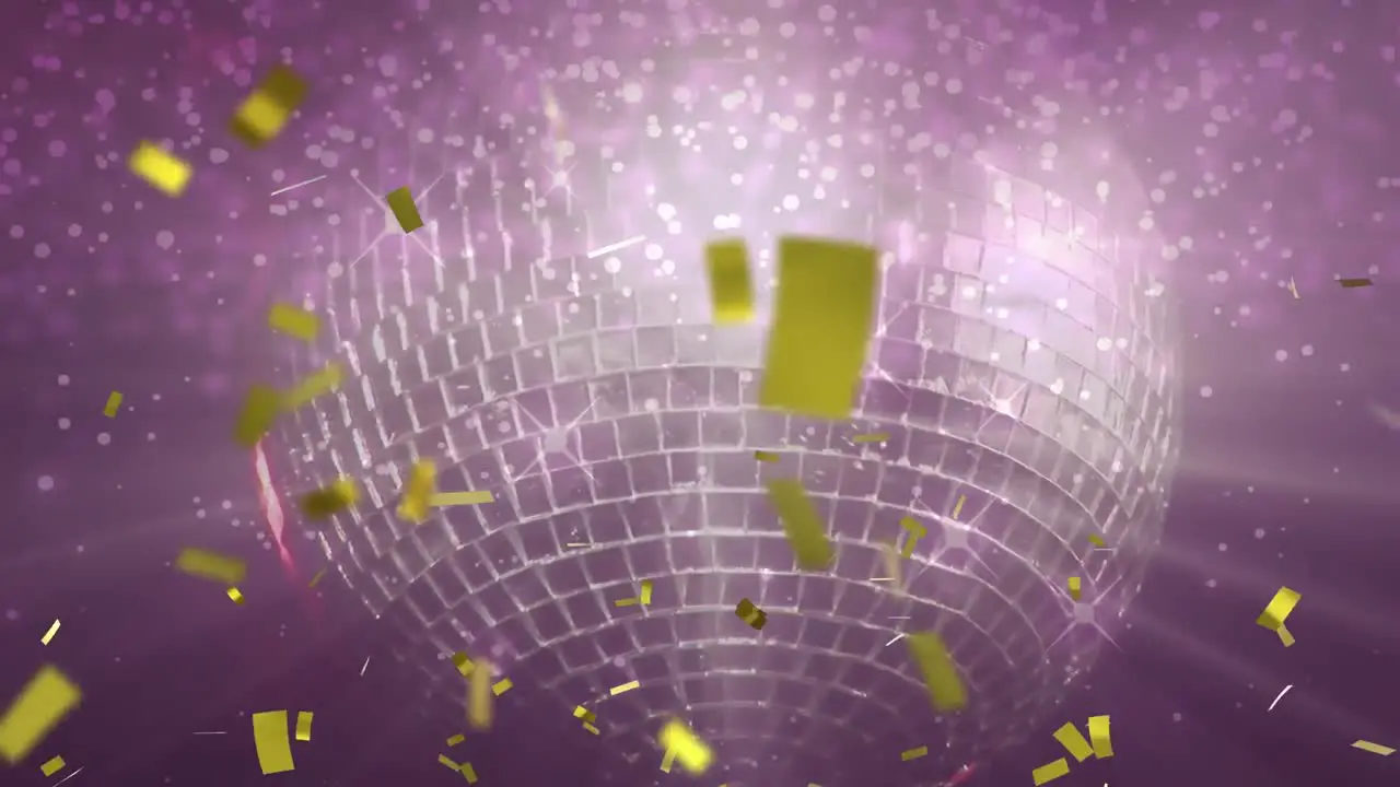 Animation of confetti against purple mirror shiny disco ball spinning with light beams