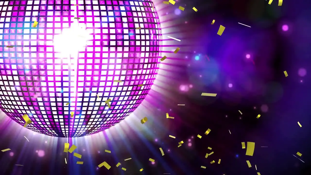 Animation of confetti against purple shiny disco ball spinning with light beams