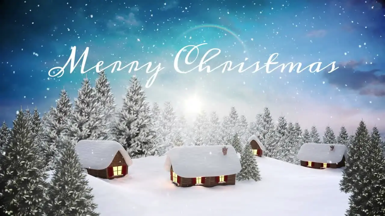 Animation of merry christmas text and snowfall over coniferous trees and houses on landscape