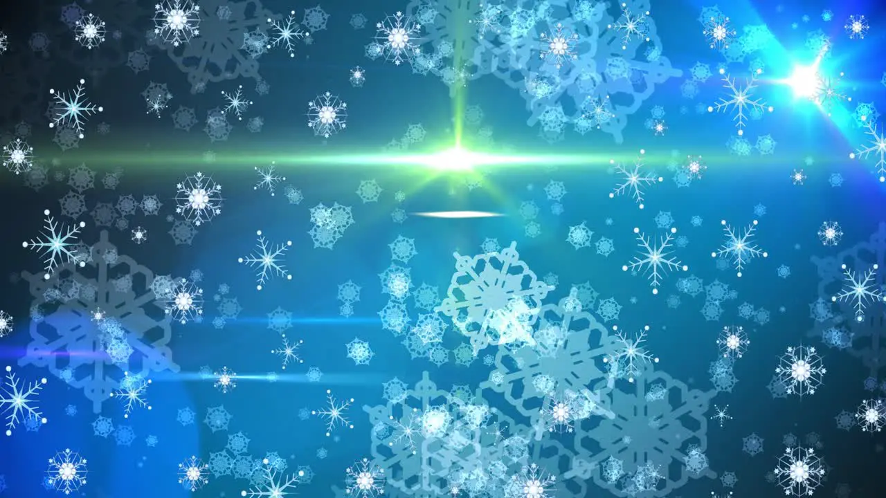 Animation of hexagons pattern moving lens flare and looping snowflakes against blue background