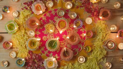 Overhead Shot Of Burning Lamps Celebrating Festival Of Diwali 1