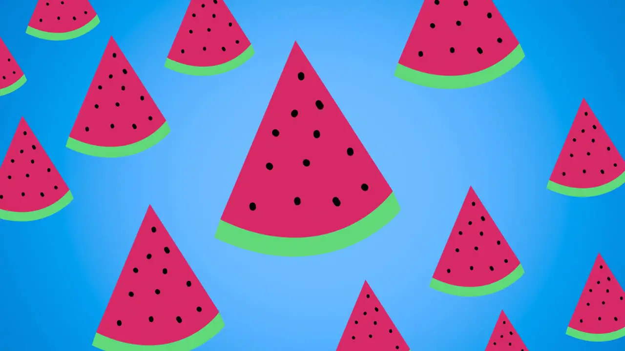 Animation of single watermelons floating on blue background