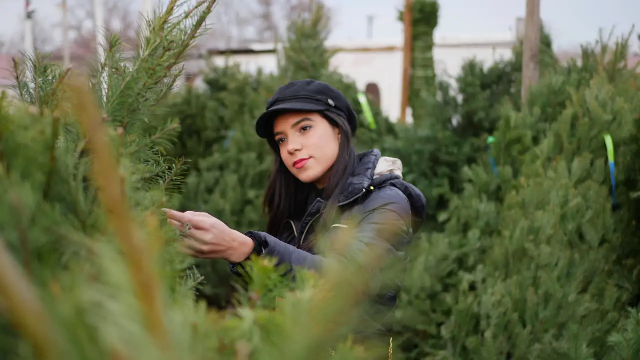 A young woman shopping on a festive Christmas tree decoration lot in the winter holiday season