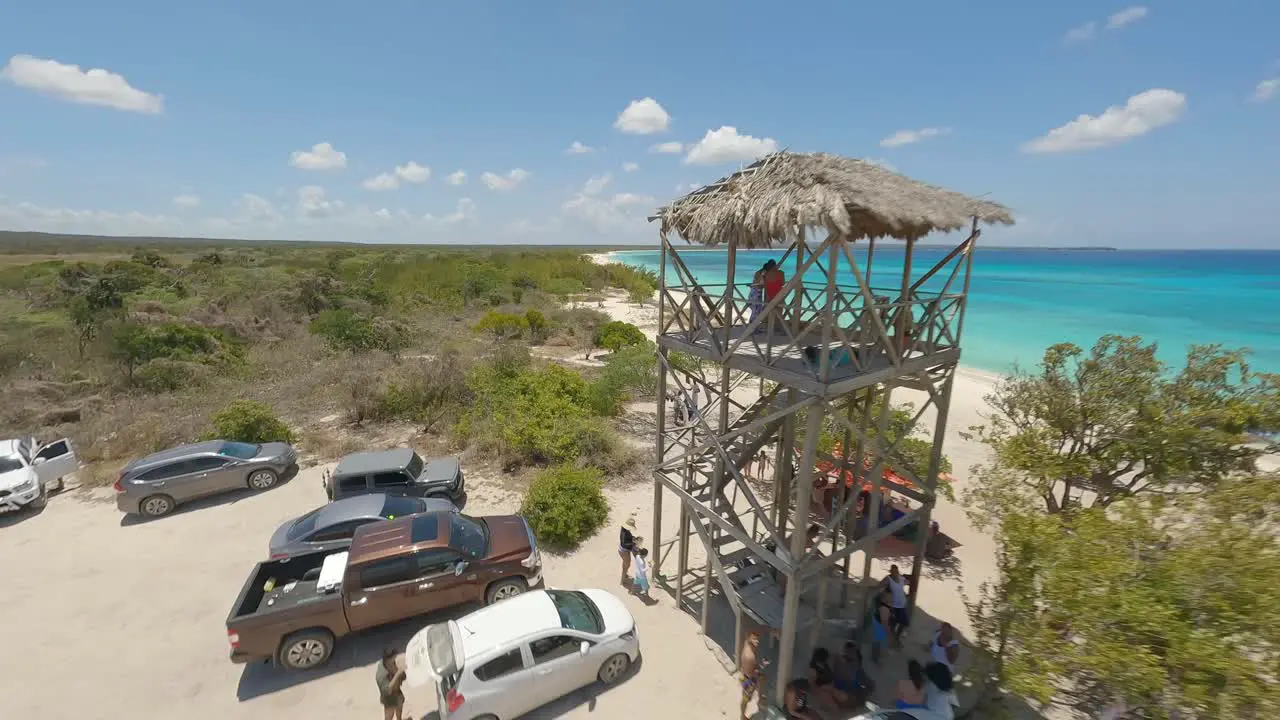 FPV drone view at popular touristic Bahia de Las Aguilas Caribbean