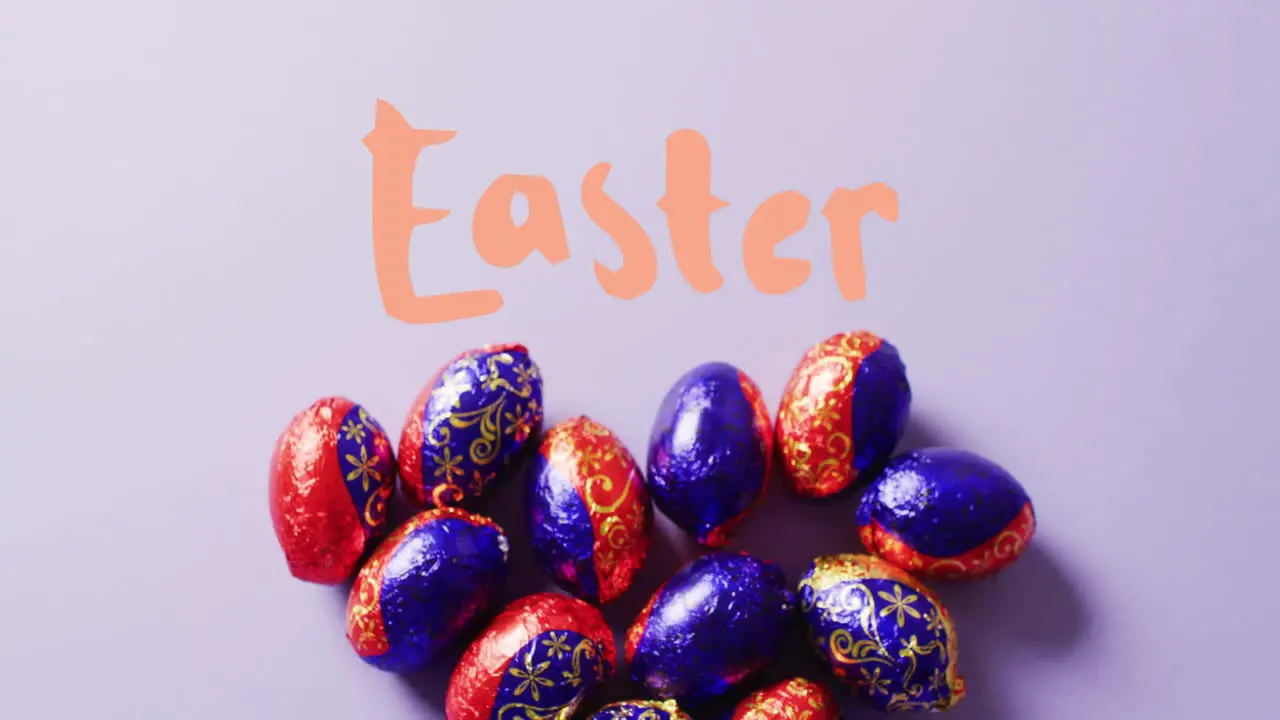 Animation of easter text over colourful easter eggs on purple background