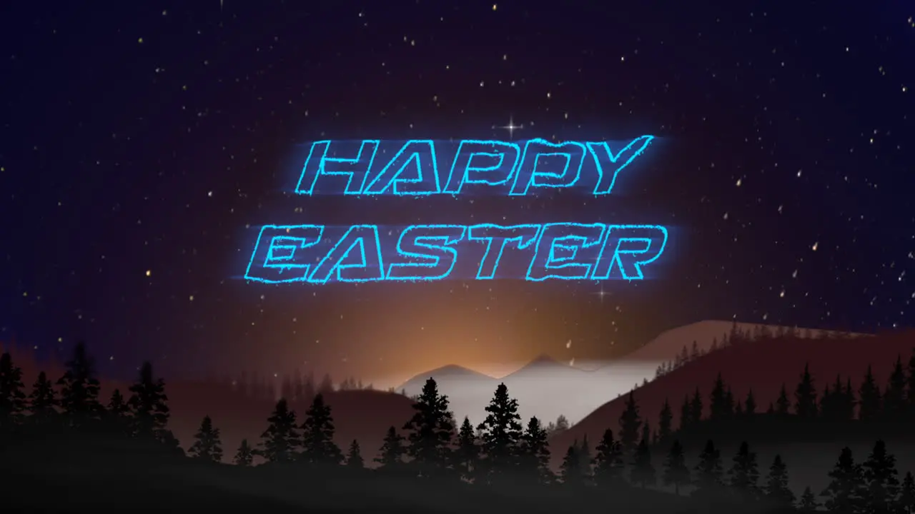 Neon Happy Easter sign shines against majestic mountain landscape