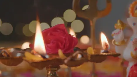 Close Up Of Burning Lamps And Decorations Celebrating Festival Of Diwali 2