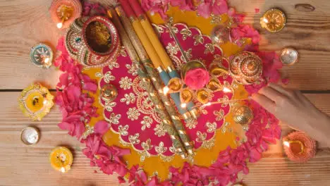 Overhead Shot Of Person Lighting Lamps Celebrating Festival Of Diwali In Navratri Scene 1