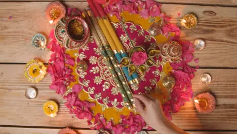 Overhead Shot Of Person Lighting Lamps Celebrating Festival Of Diwali In Navratri Scene