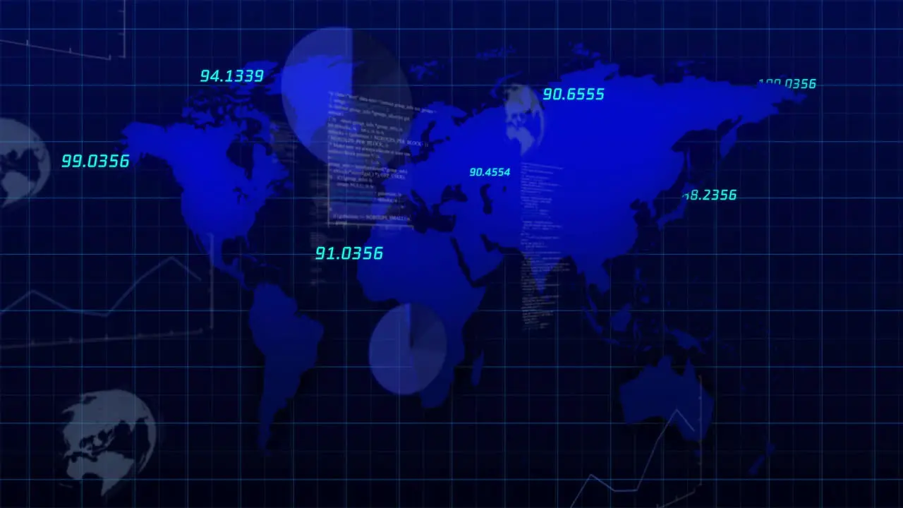 Animation of financial data processing over world map on dark background