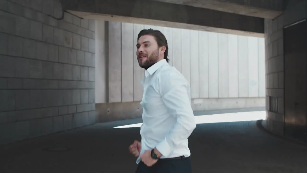 Business man standing on street businessman celebrating victory in city