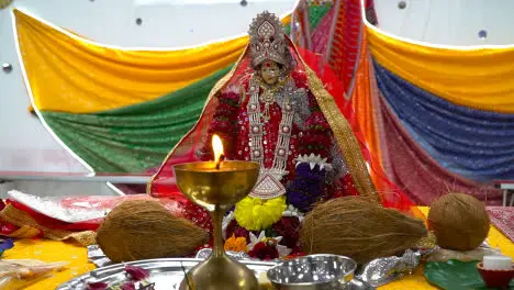 Lit Brass Lamp With Hindu Goddess Durga Mata Ji At Celebration Of Navratri 2