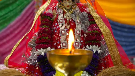 Lit Brass Lamp With Hindu Goddess Durga Mata Ji At Celebration Of Navratri 4