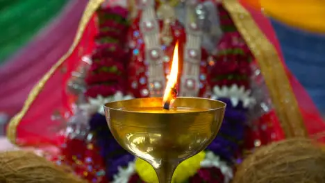 Lit Brass Lamp With Hindu Goddess Durga Mata Ji At Celebration Of Navratri 3