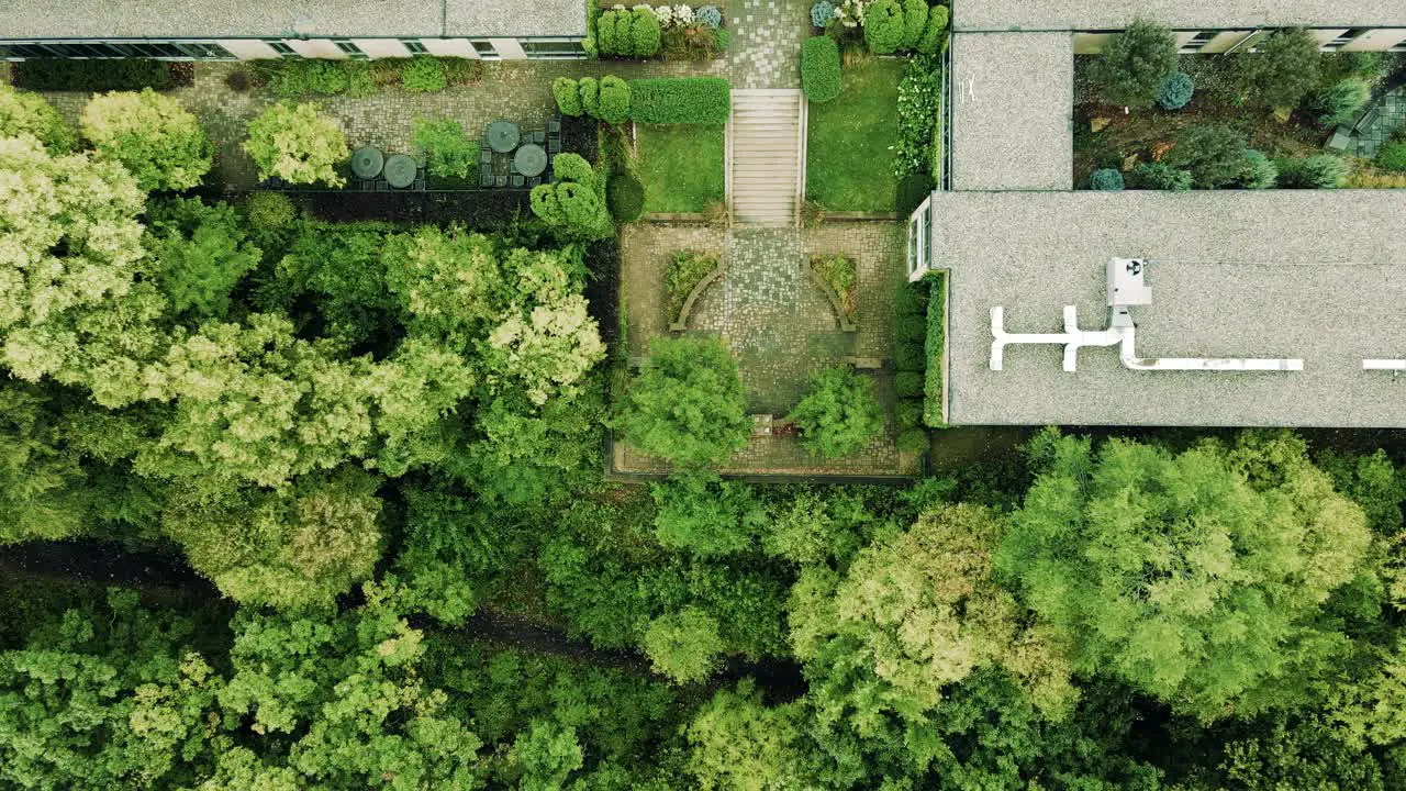 Aerial still via drone of an overgrown and green summer garden