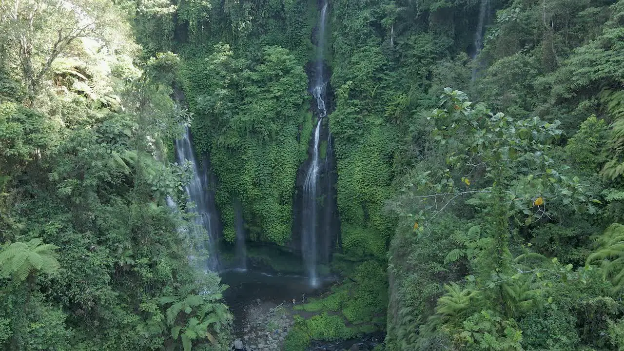 Aerial approaches beautiful natural waterfall dense lush Bali jungle