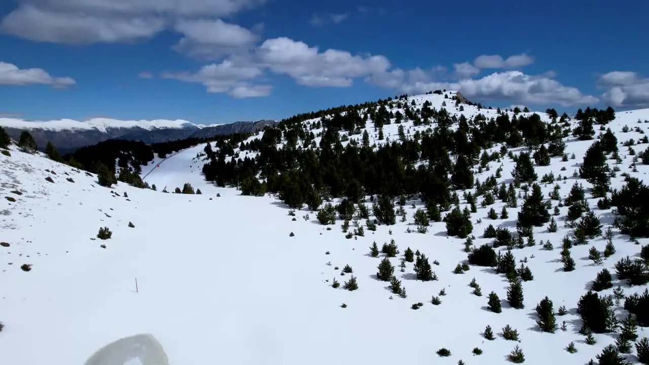 snowy landscape on a sunny day of an alpine forest on the top of a mountain in winter seen from a DJI drone