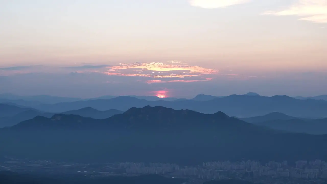 Incredible sunset over a silhouetted mountain landscape at golden hour in Asia