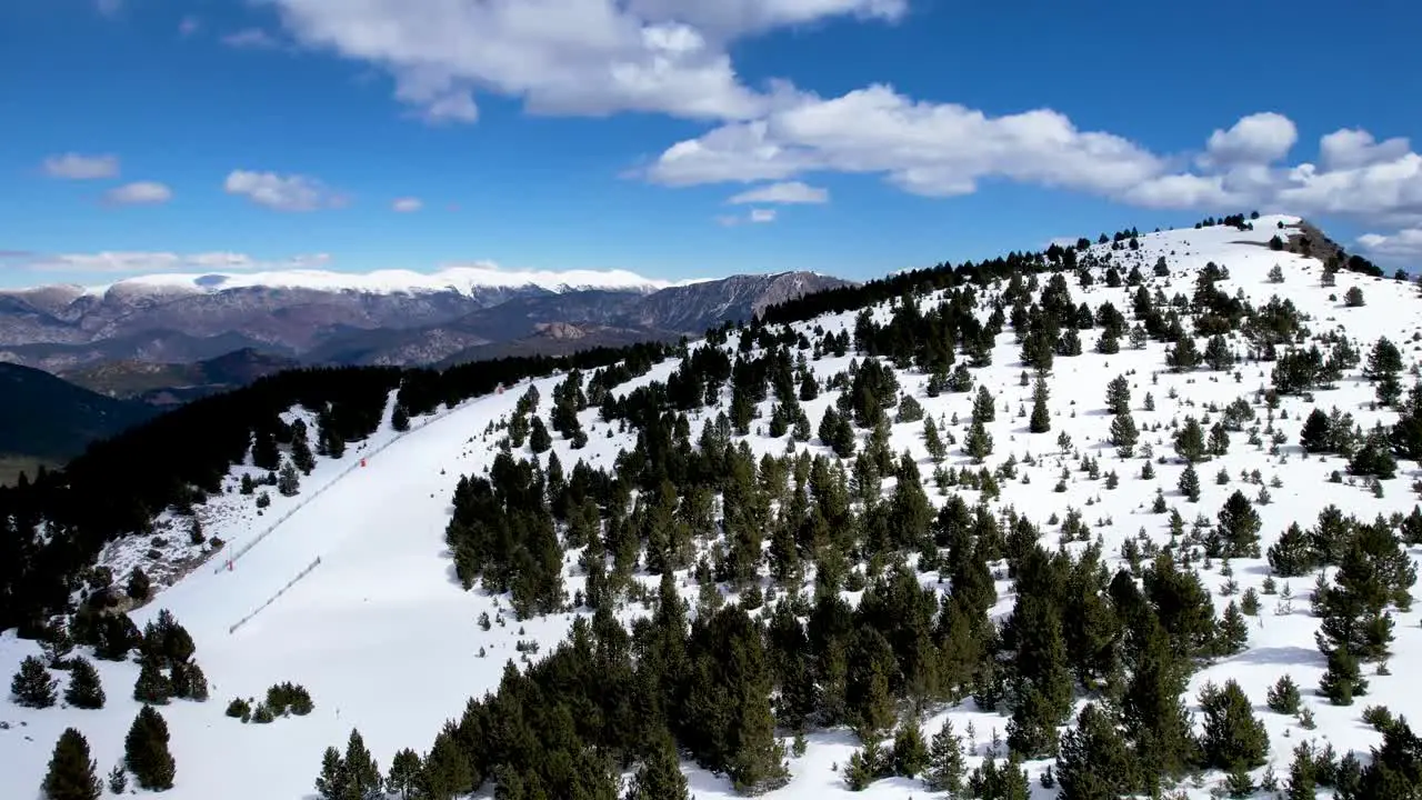 snowy landscape on a sunny day of an alpine forest in winter seen from a DJI drone