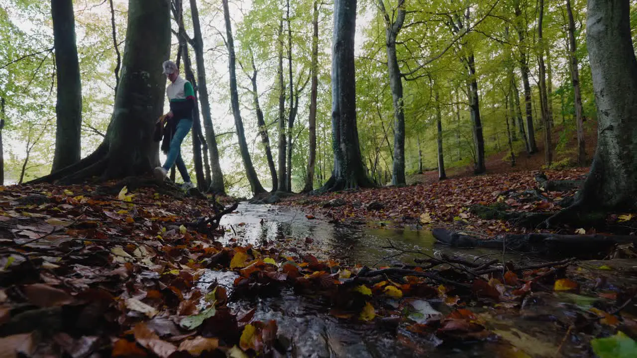 Tall Guy With Cap and Sweater Walks By a Water Stream in Gyllebo Forest in Autumn South Sweden Skåne Static Wide Shot