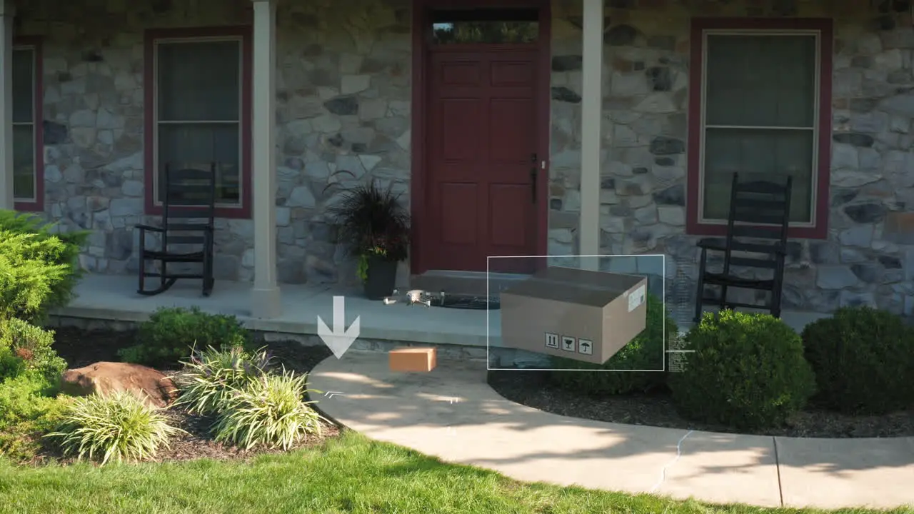 Aerial drone delivers package to front door step at home