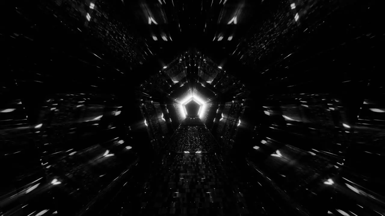 VJ Loop Flying Through a Glowing Black and White Pentagonal Kaleidoscope Tunnel