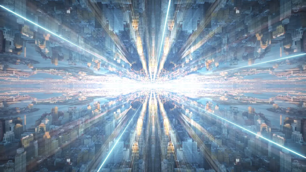 Abstract city background Mirrored computer graphics of downtown buildings in metropolis Bright light while metaverse city activation