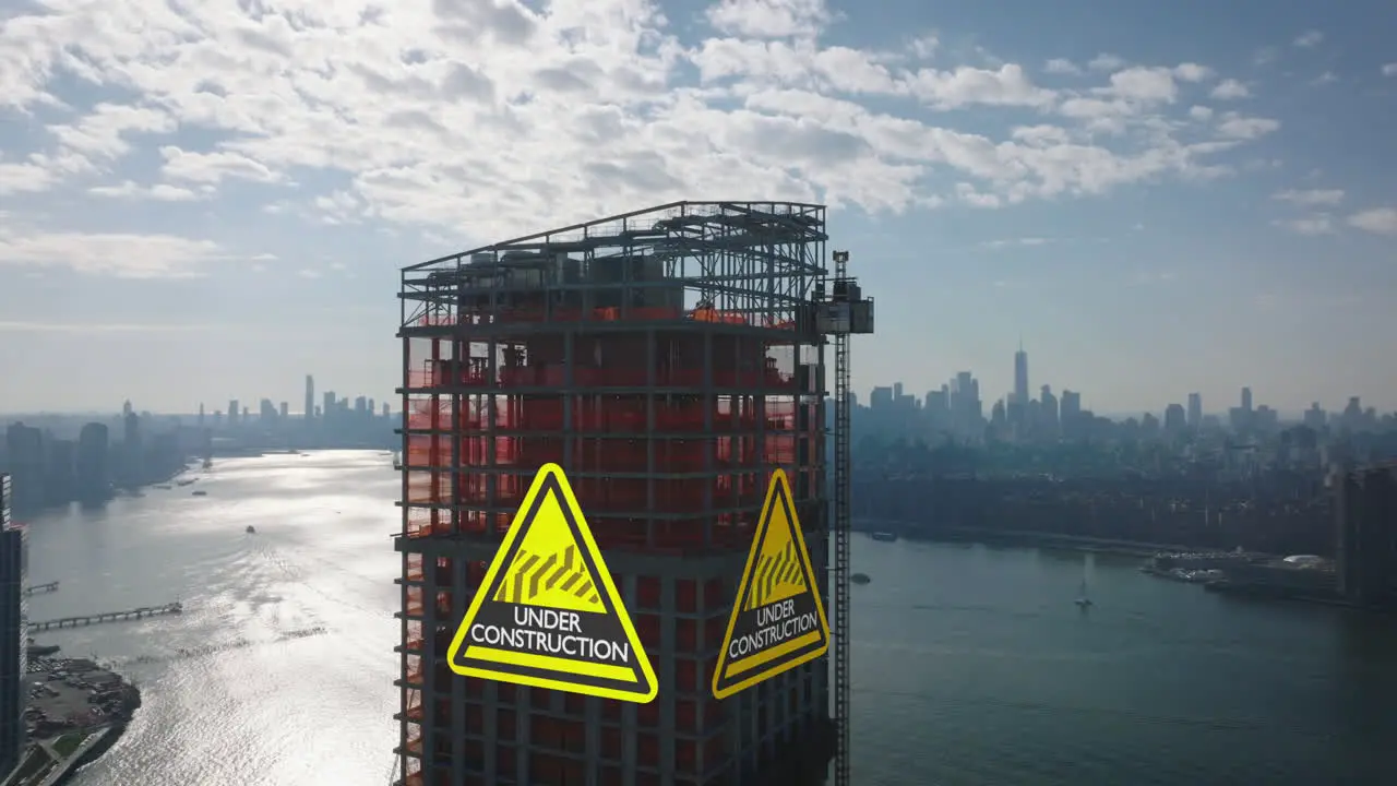 Slide and pan shot of building modern skyscraper on riverbank Skyline with downtown tall office towers in background Large sign under construction New York City USA