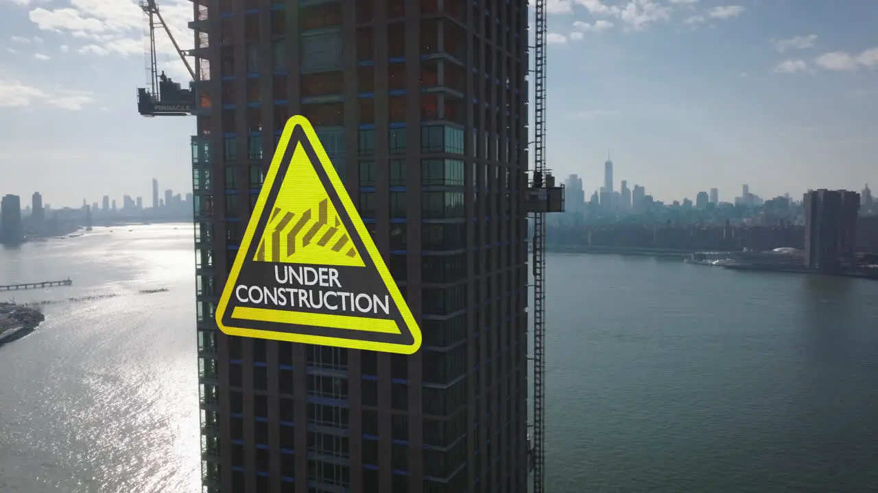 Pull back footage of modern high rise building on waterfront under construction View against sun Computer added visual effects New York City USA