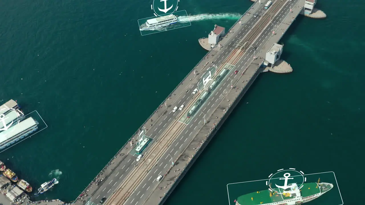 High angle view transport infrastructure Tracking of tram passing over bridge over wide river Augmented reality highlights public transport means Istanbul Turkiye