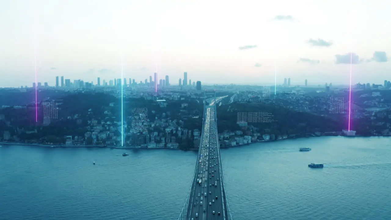 Tilt up reveal of busy multilane bridge over Bosporus and modern business buildings in distance Augmented reality graphics providing data Istanbul Turkey