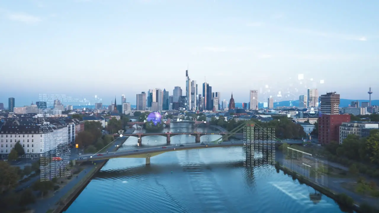 Backwards fly above river flowing through city at dusk Various digital visual effects for objects Hyper lapse footage of Frankfurt am Main Germany