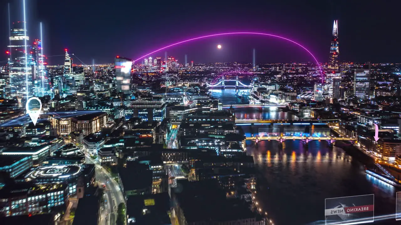 Forwards fly above night city Hyper lapse shot of Thames River and surrounding buildings enhanced by augmented reality information London UK