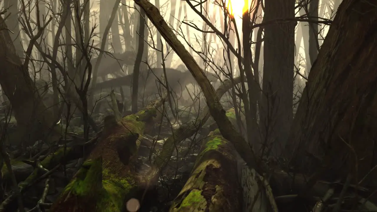 Dolly in shot of feathered velociraptors in a forest during a scenic sunset while looking for a prey