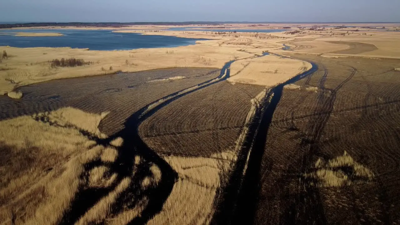 Aerial view of the lake overgrown with brown reeds lake Pape nature park Rucava Latvia sunny spring day wide angle drone shot moving forward camera tilt down