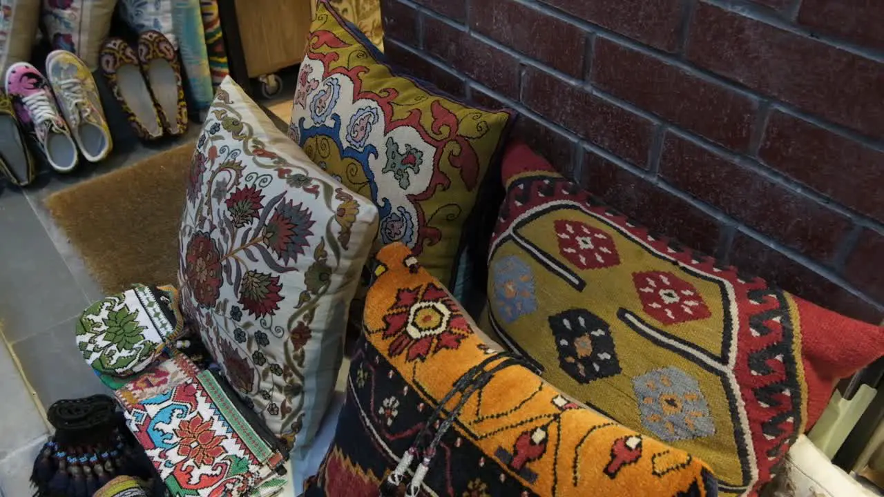 Tracking Shot of Colourful Pillows