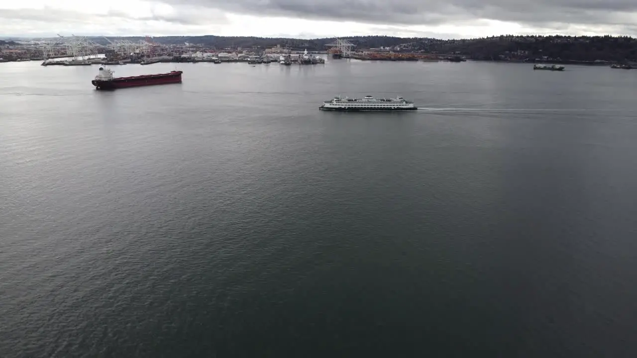 Aerial View Approaching Washington State Ferry with the Seattle Port in the Background