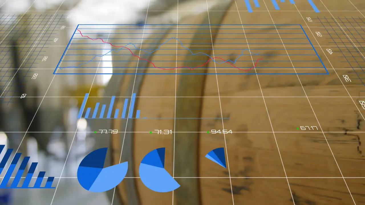 Animation of statistical data processing against close up of a barrel at a factory