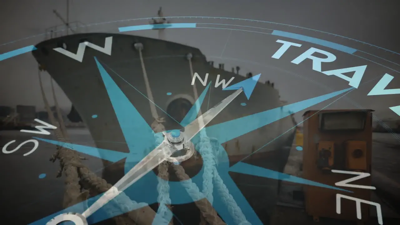 Animation of compass with arrow pointing to travel text over ship in dock