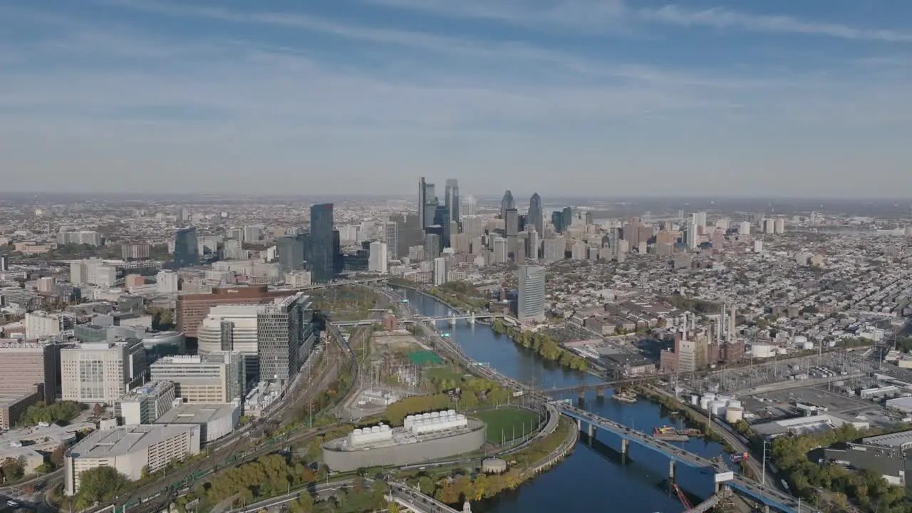 Aerial footage of downtown Philadelphia moving to the right over the Schuylkill River