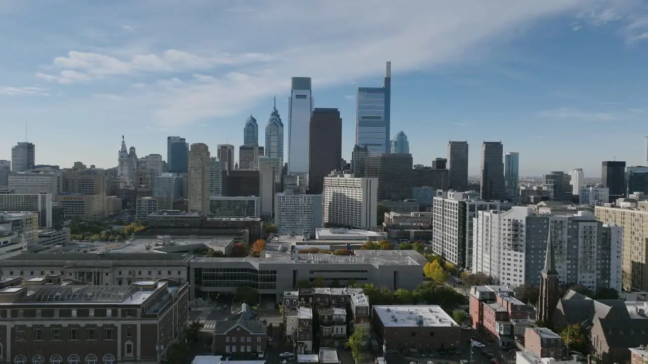 Aerial footage in north Philadelphia looking towards the skyline of downtown