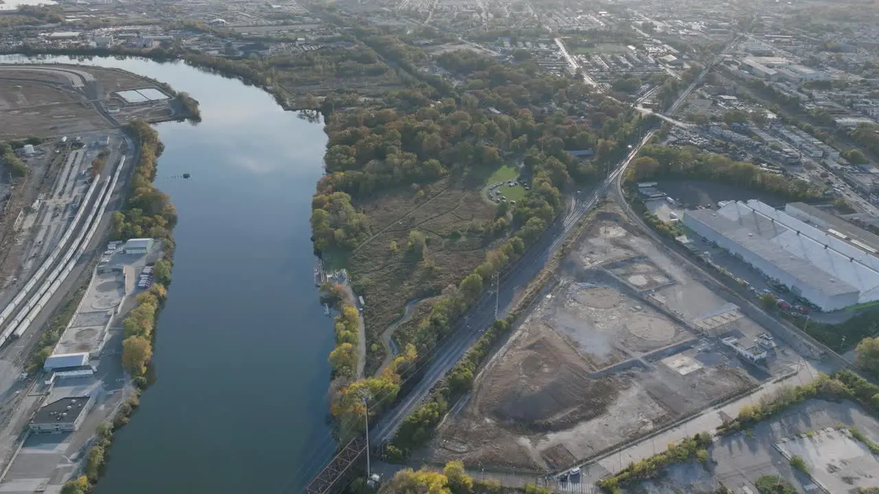 Aerial footage flying over the Schuylkill River and Bartram's Gardens in west Philadelphia