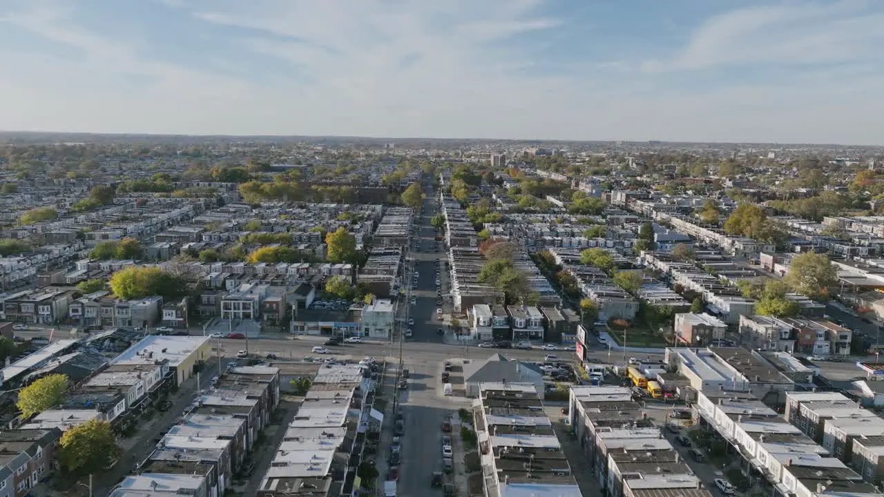 Aerial flyover of a street in west Philadelphia Pennsylvania