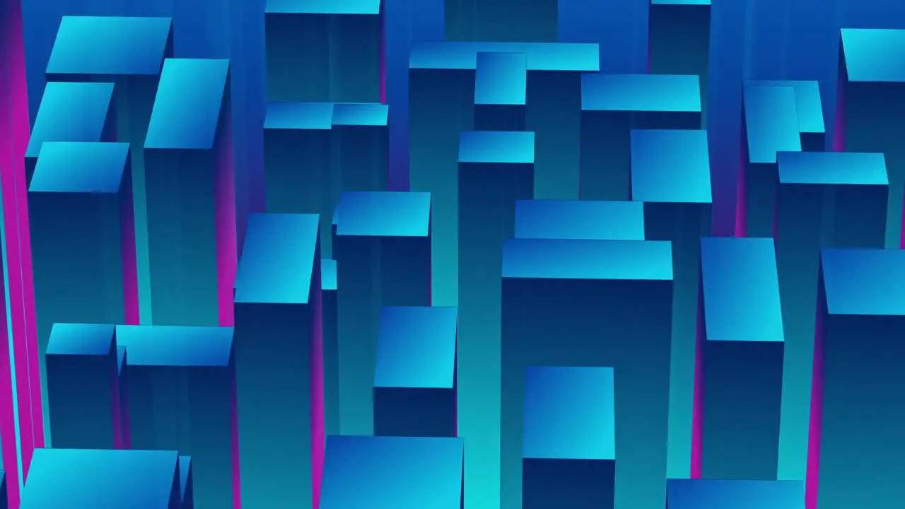 Blue abstract cubes prism background 3D animation of geometrical shapes seem from above orbital shot