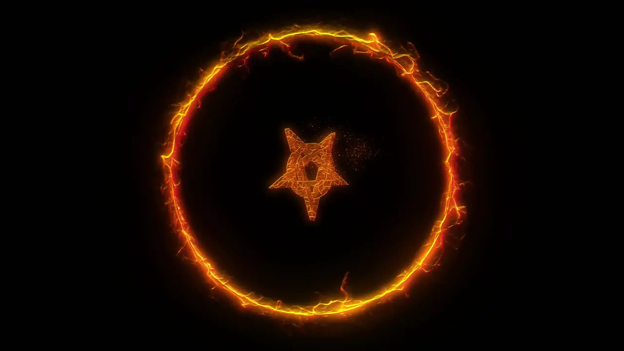 Mystic symbol of esoteric pentagram rotating within ring of blazing fire on black background