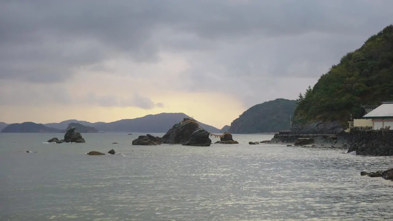 Meoto Iwa Shrine on Coastline of Mie Prefecture Japan on Cloudy Day